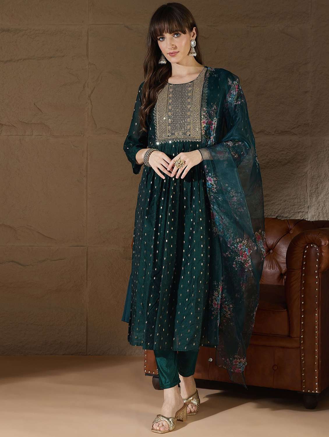 women self design three quarter sleeve kurta pant with dupatta set
