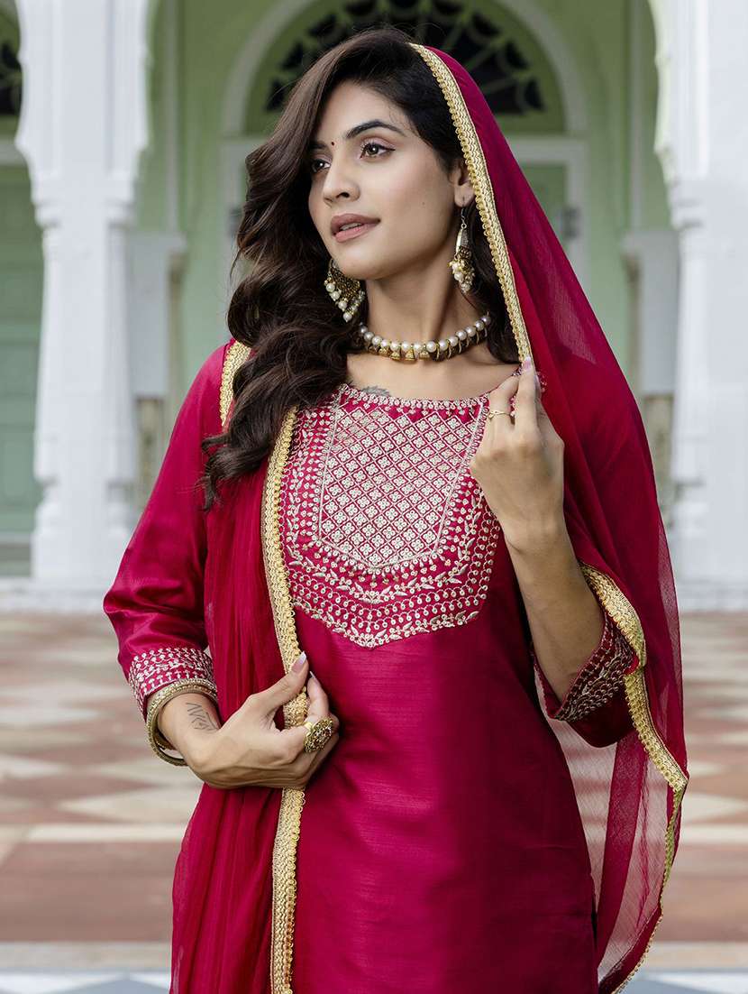 women solid with work three quarter sleeve kurta pant with dupatta set - 22322577 -  Standard Image - 1