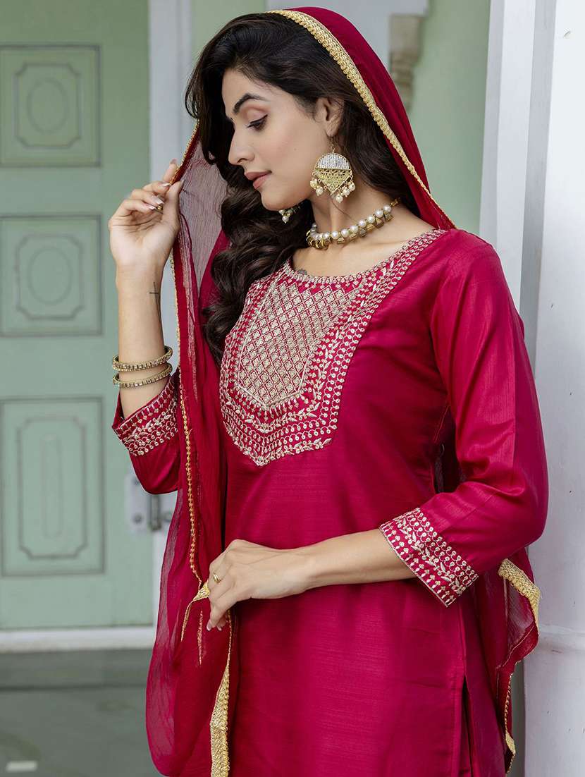 women solid with work three quarter sleeve kurta pant with dupatta set - 22322577 -  Standard Image - 4