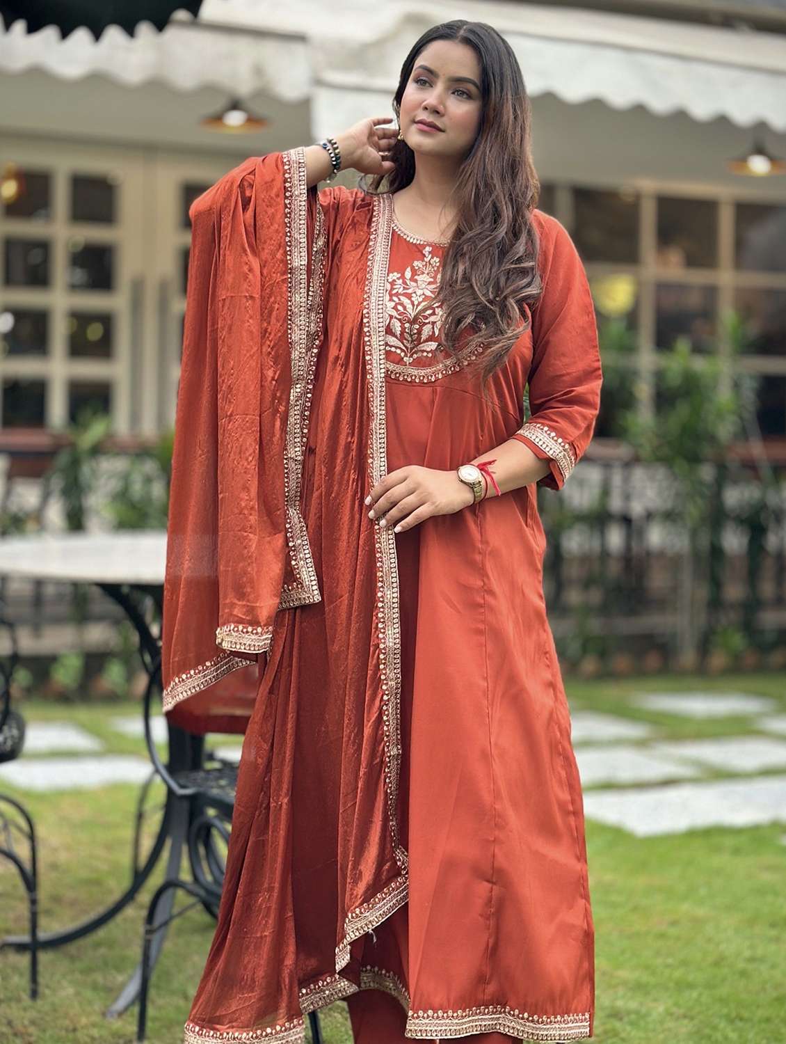 women solid with work three quarter sleeve kurta pant with dupatta set - 22322579 -  Standard Image - 1