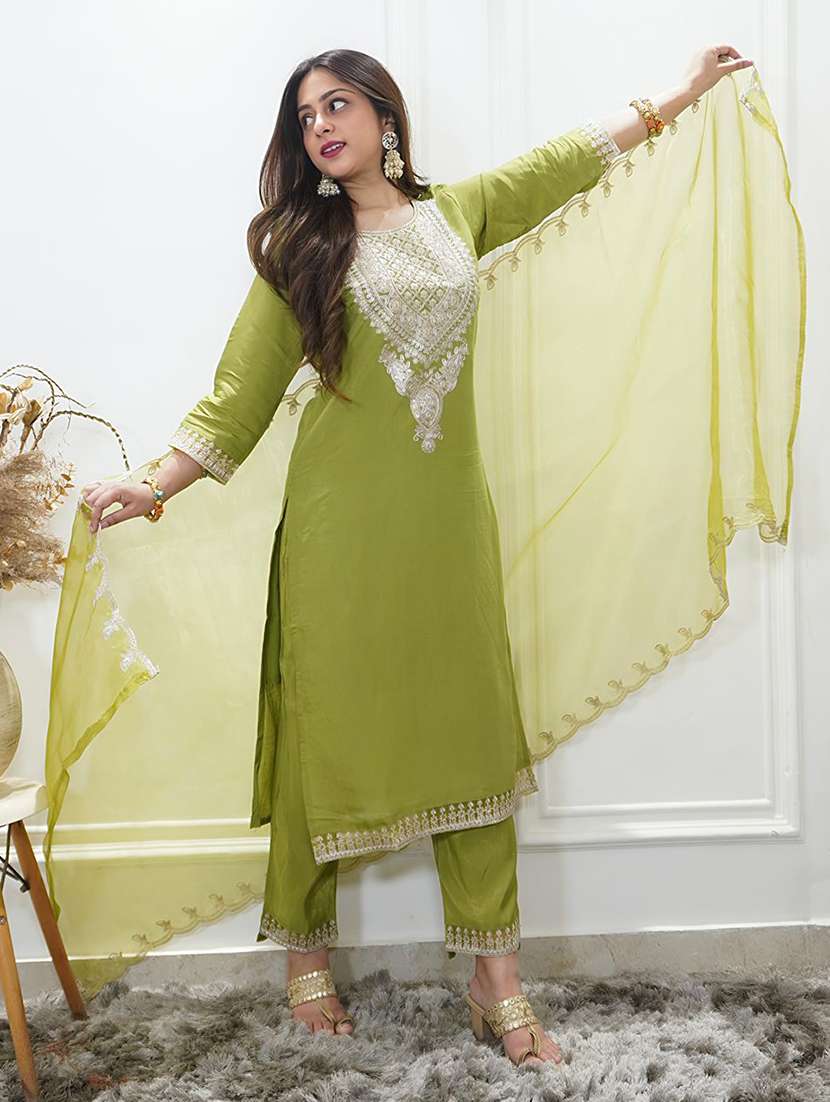 women solid with work three quarter sleeve kurta pant with dupatta set - 22322580 -  Standard Image - 1