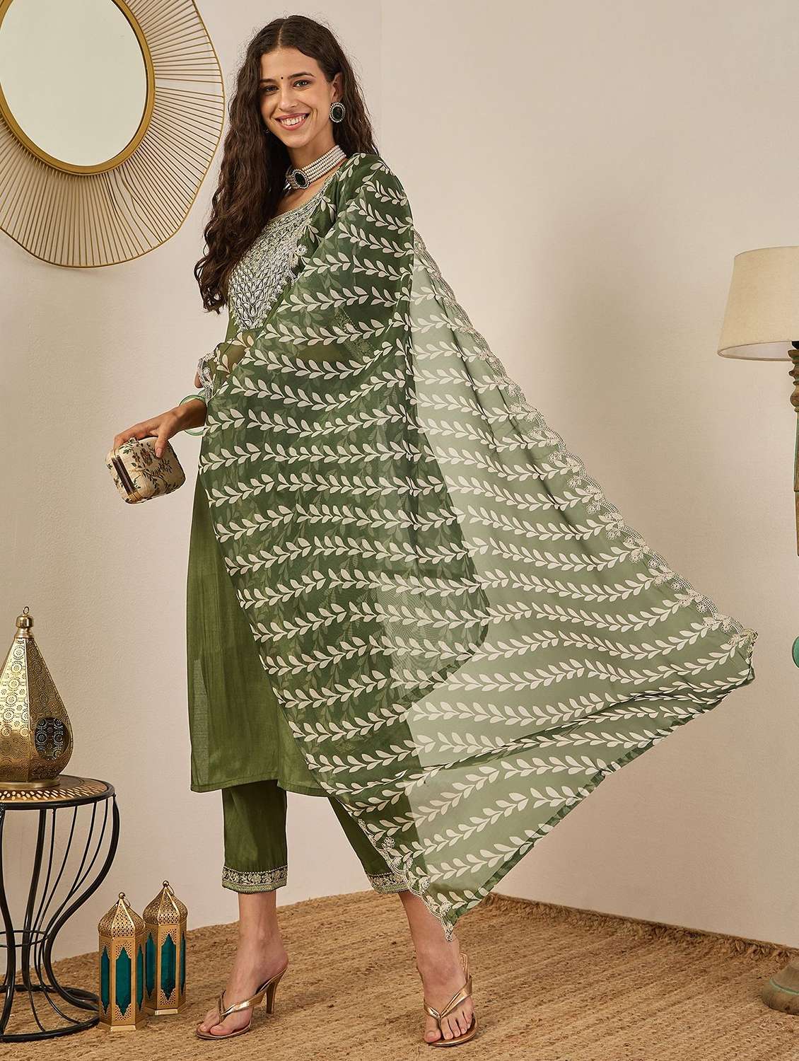 women solid with work three quarter sleeve kurta pant with dupatta set - 22322581 -  Standard Image - 1