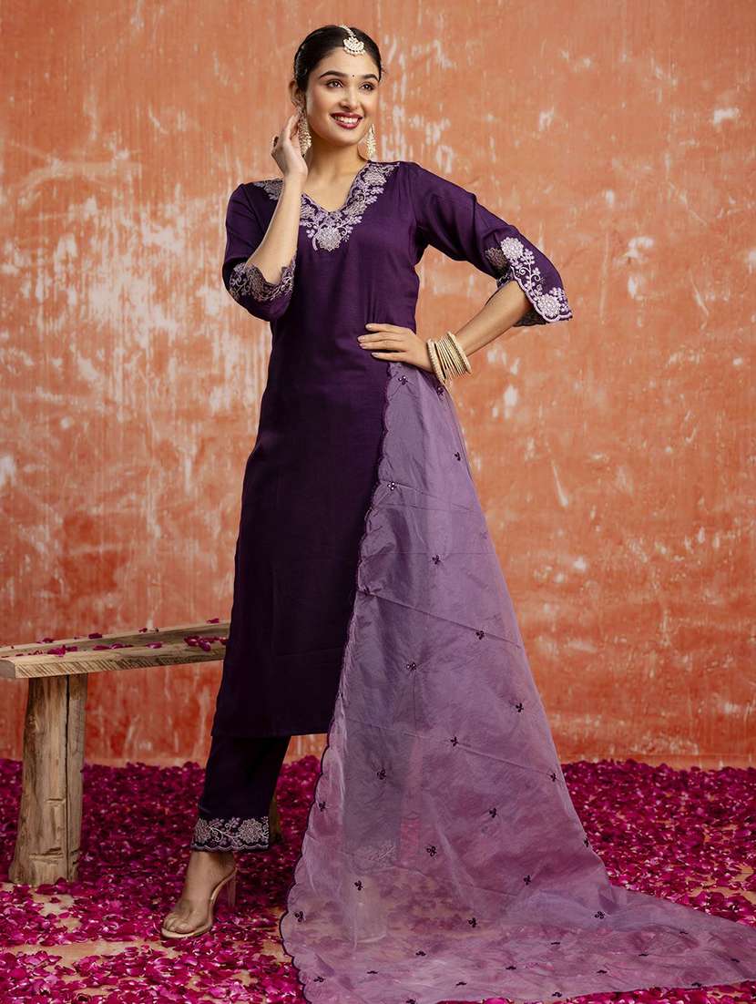 women solid with work three quarter sleeve kurta pant with dupatta set - 22322584 -  Standard Image - 1