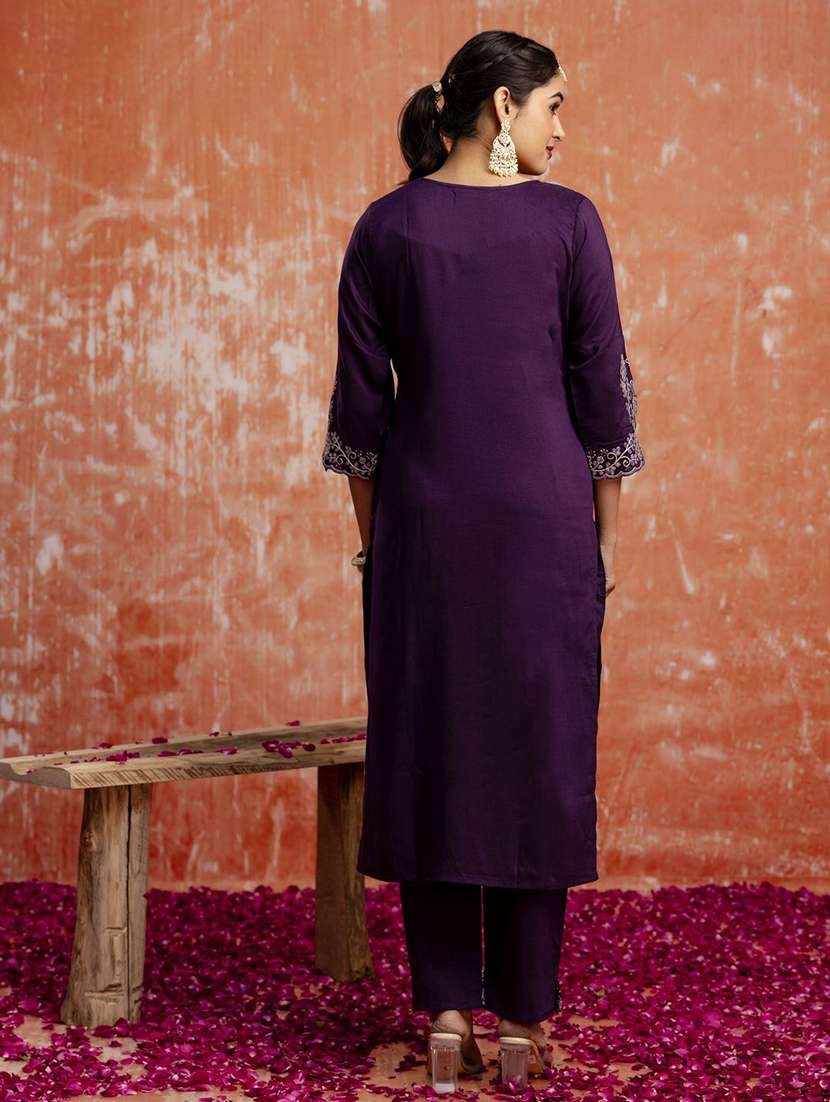 women solid with work three quarter sleeve kurta pant with dupatta set - 22322584 -  Standard Image - 4