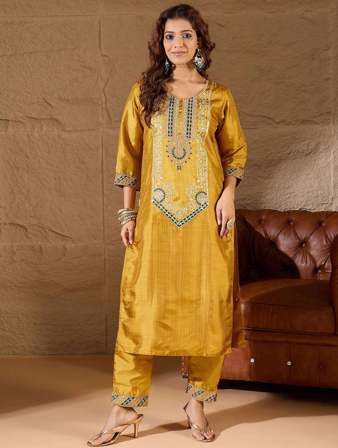 Women Solid With Work Three Quarter Sleeve Kurta Pant With Dupatta Set - 22322586 -  Standard Image - 1