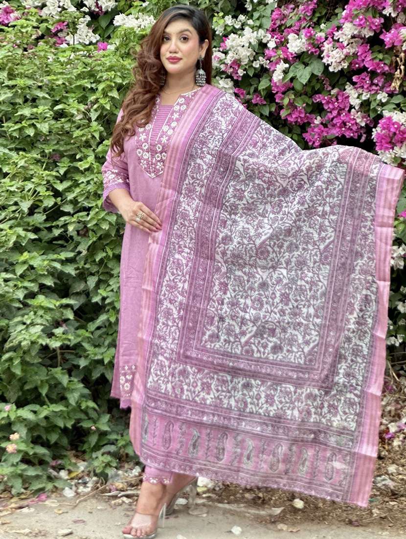 women solid with work three quarter sleeve kurta pant with dupatta set - 22322588 -  Standard Image - 1