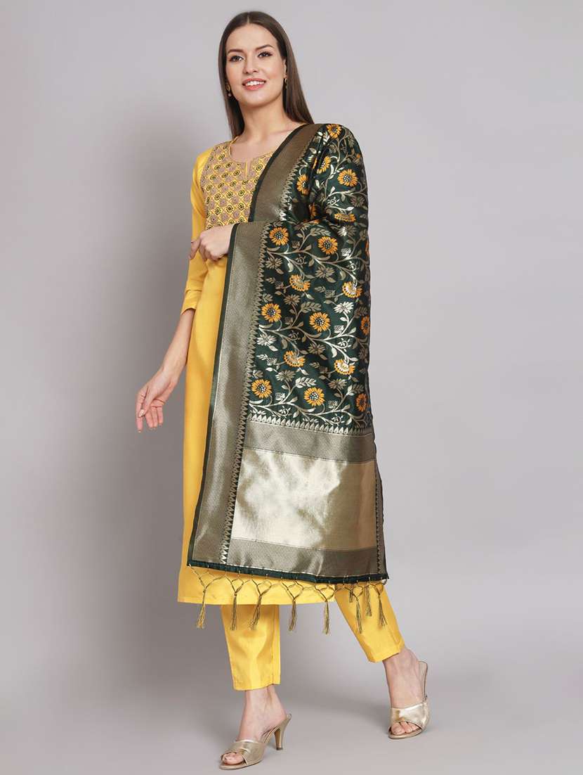 women solid with work three quarter sleeve kurta pant with dupatta set - 22322595 -  Standard Image - 1