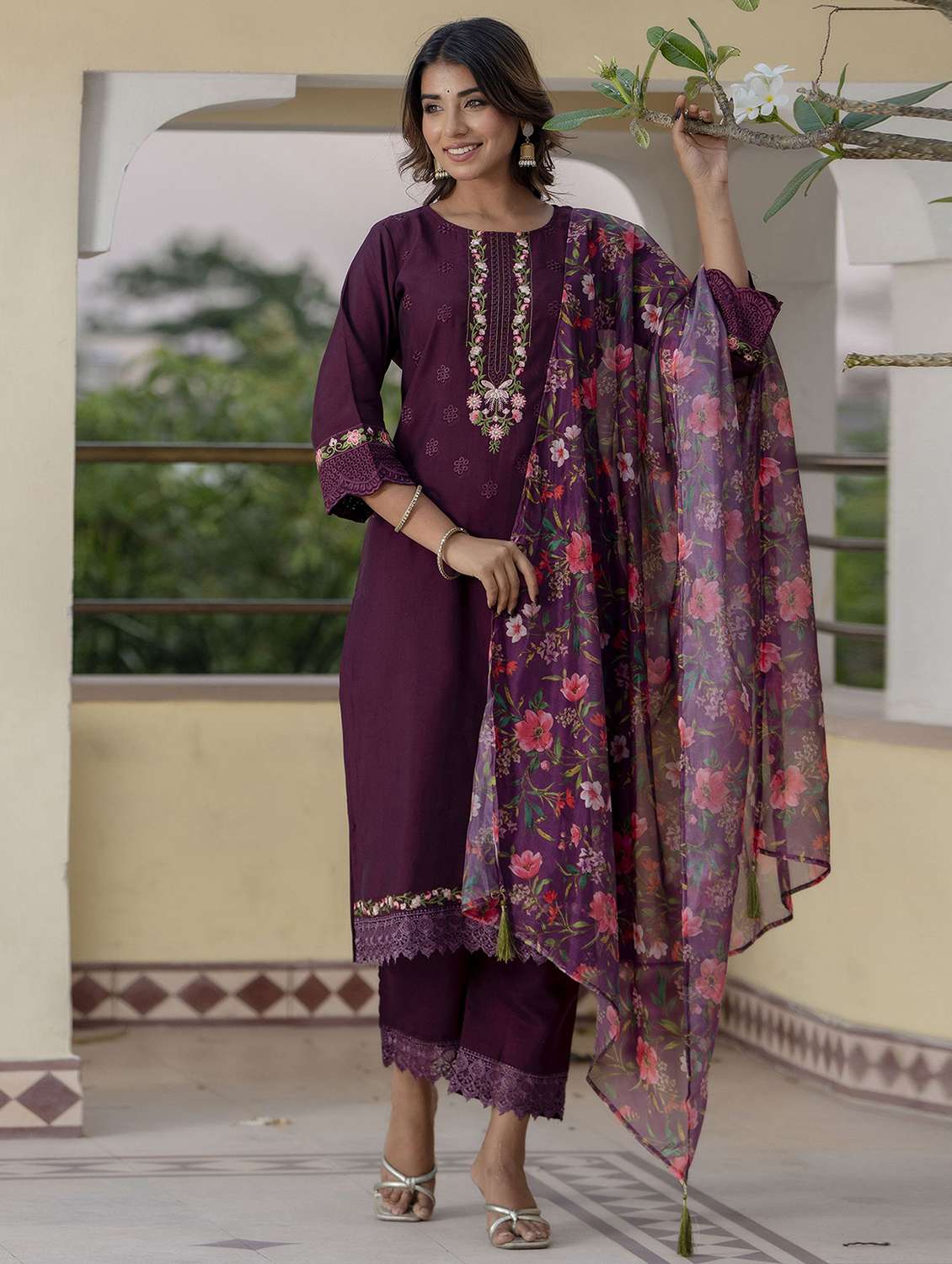 women solid with work three quarter sleeve kurta pant with dupatta set - 22322599 -  Standard Image - 1