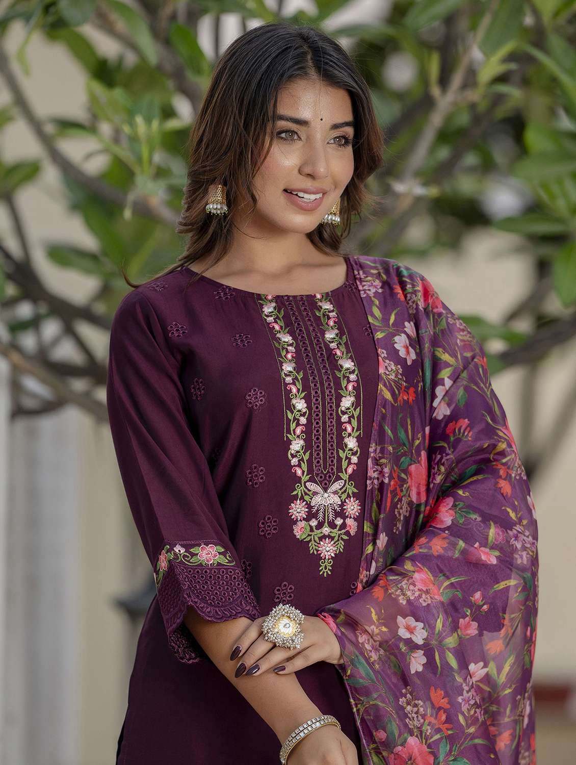 women solid with work three quarter sleeve kurta pant with dupatta set - 22322599 -  Standard Image - 4