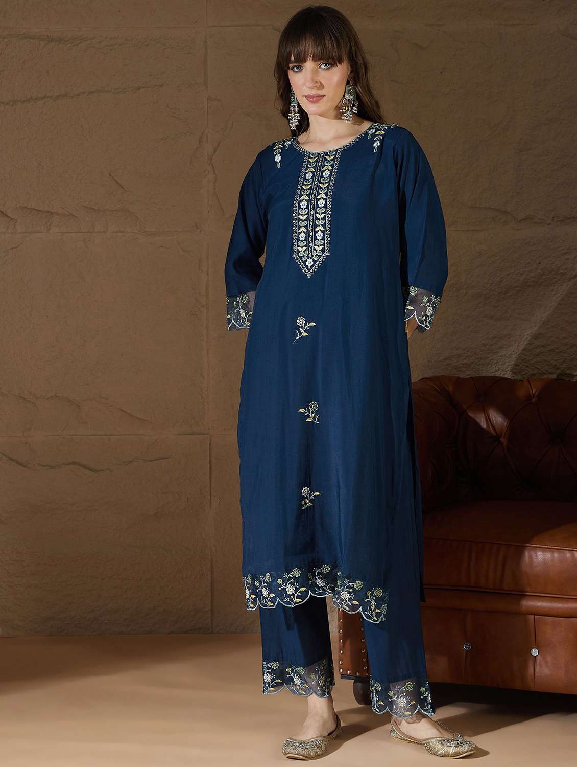 women solid with work three quarter sleeve kurta pant with dupatta set - 22322607 -  Standard Image - 1