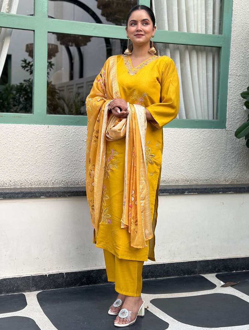women solid with work three quarter sleeve kurta pant with dupatta set - 22322615 -  Standard Image - 1