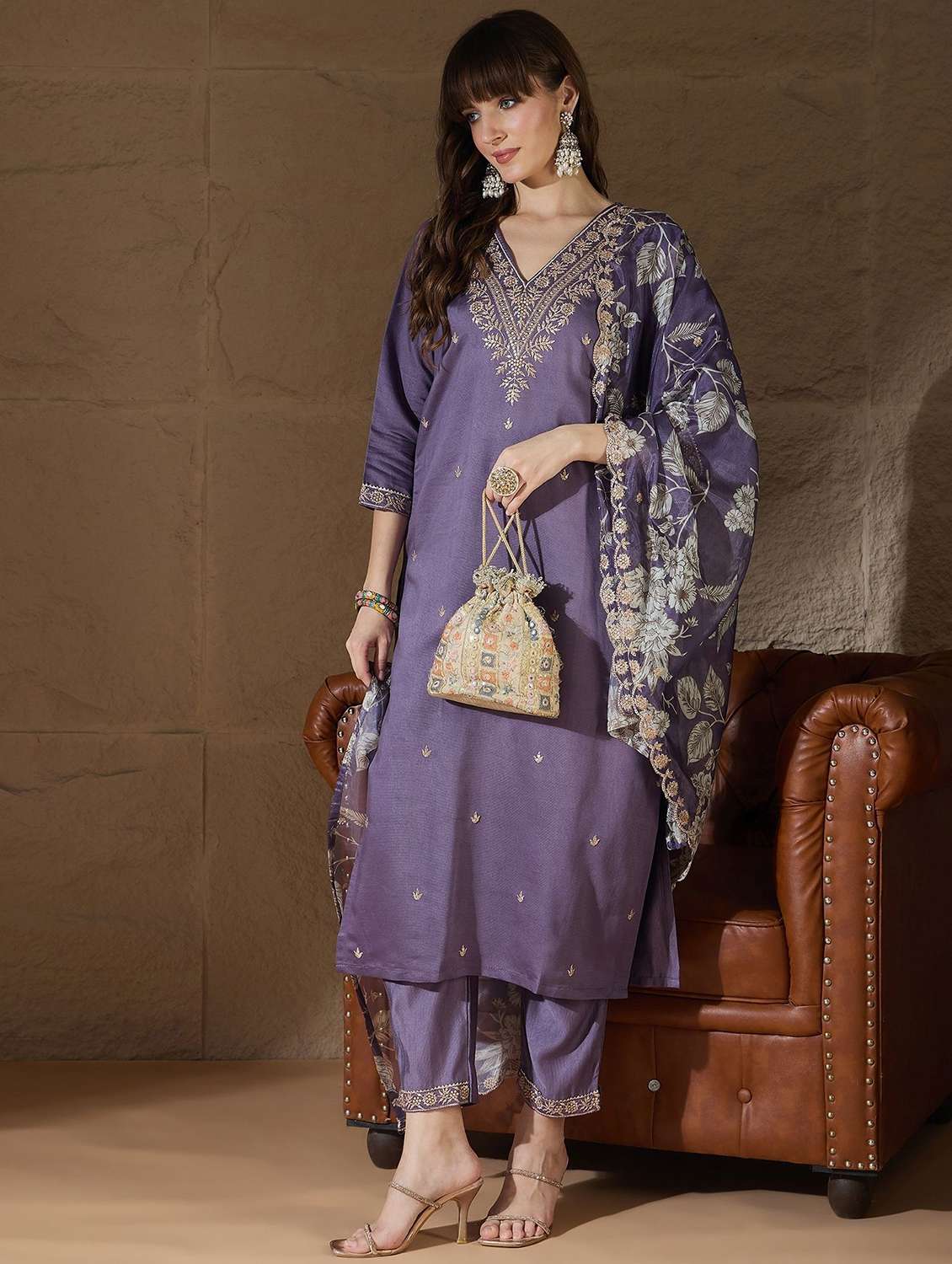 women solid with work three quarter sleeve kurta pant with dupatta set - 22322621 -  Standard Image - 1
