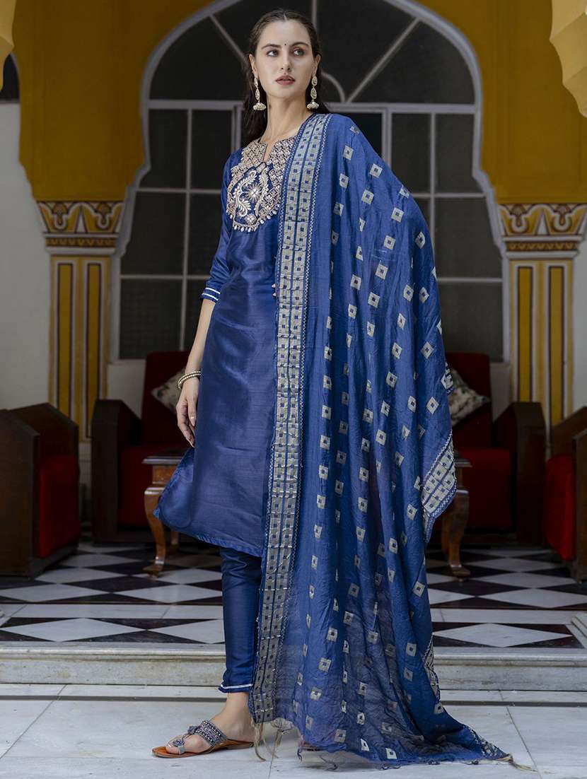 women solid with work three quarter sleeve kurta pant with dupatta set - 22322626 -  Standard Image - 1