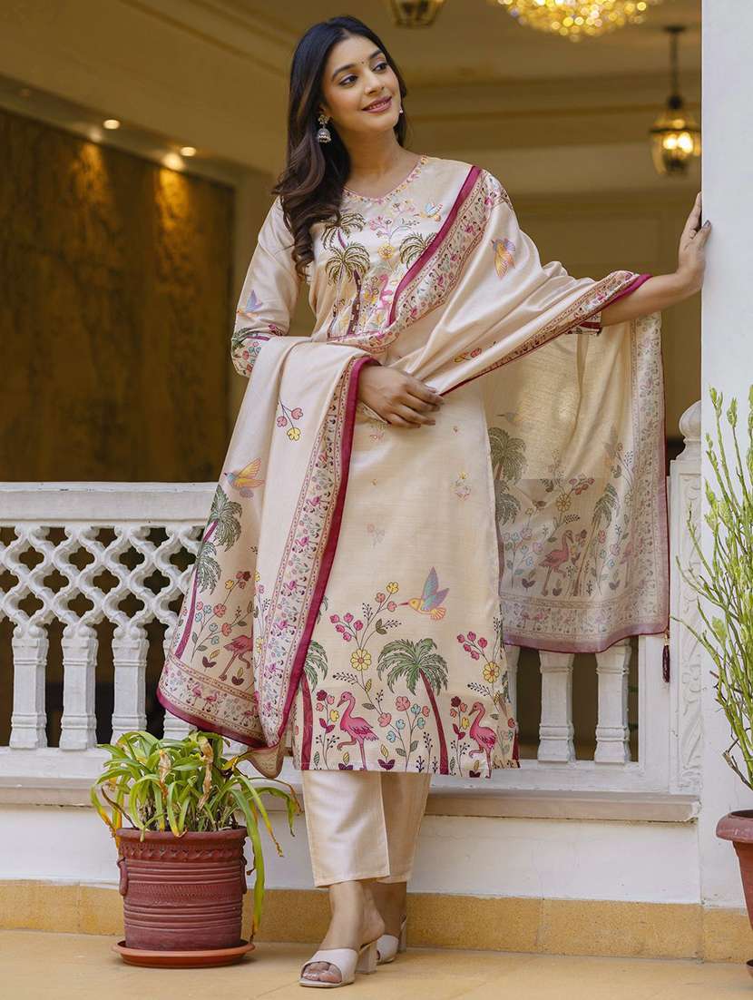 women solid with work three quarter sleeve kurta pant with dupatta set - 22322632 -  Standard Image - 1