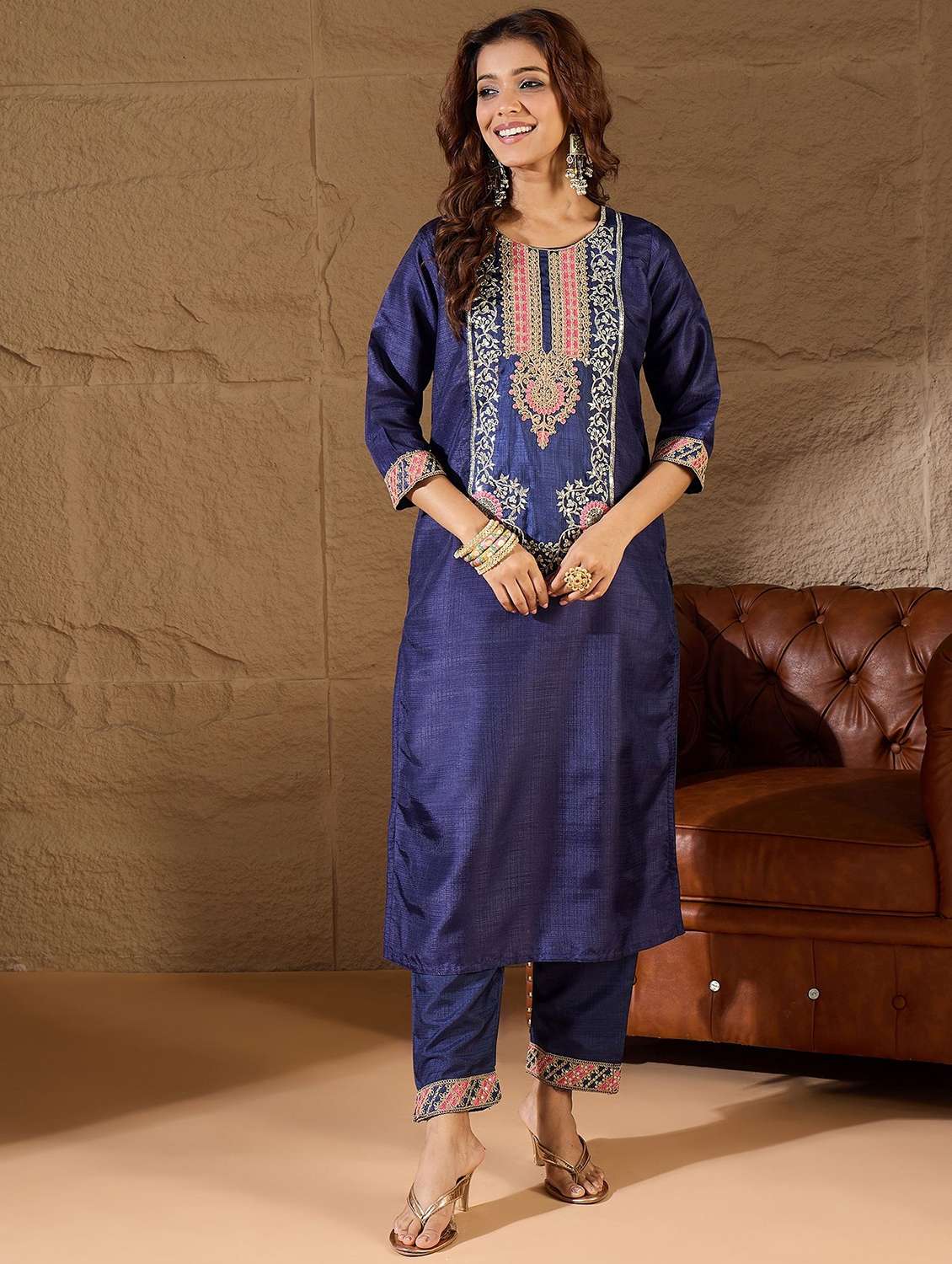women solid with work three quarter sleeve kurta pant with dupatta set - 22322639 -  Standard Image - 1