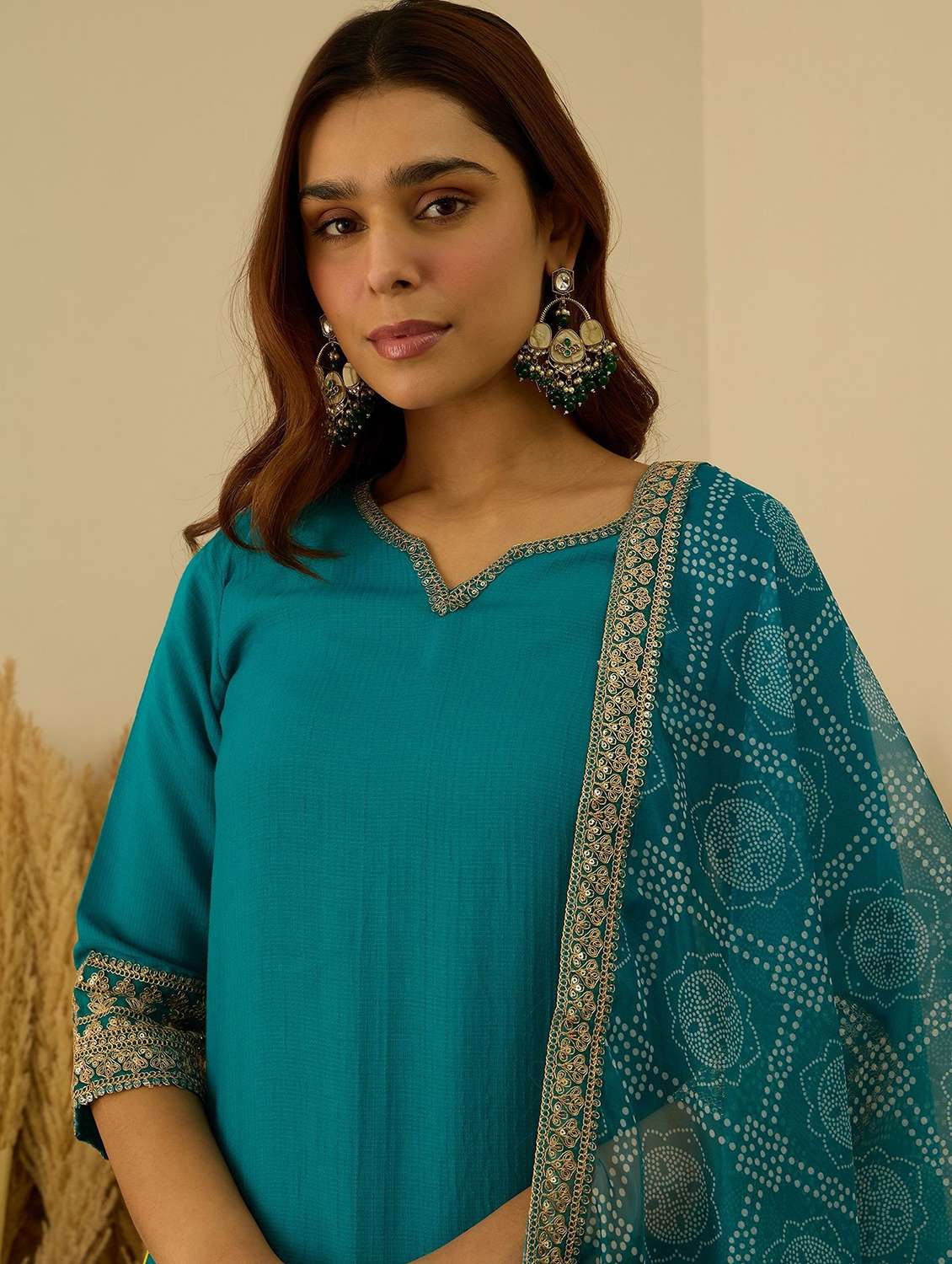 Women Solid With Work Three Quarter Sleeve Kurta Pant With Dupatta Set - 22322640 -  Standard Image - 1