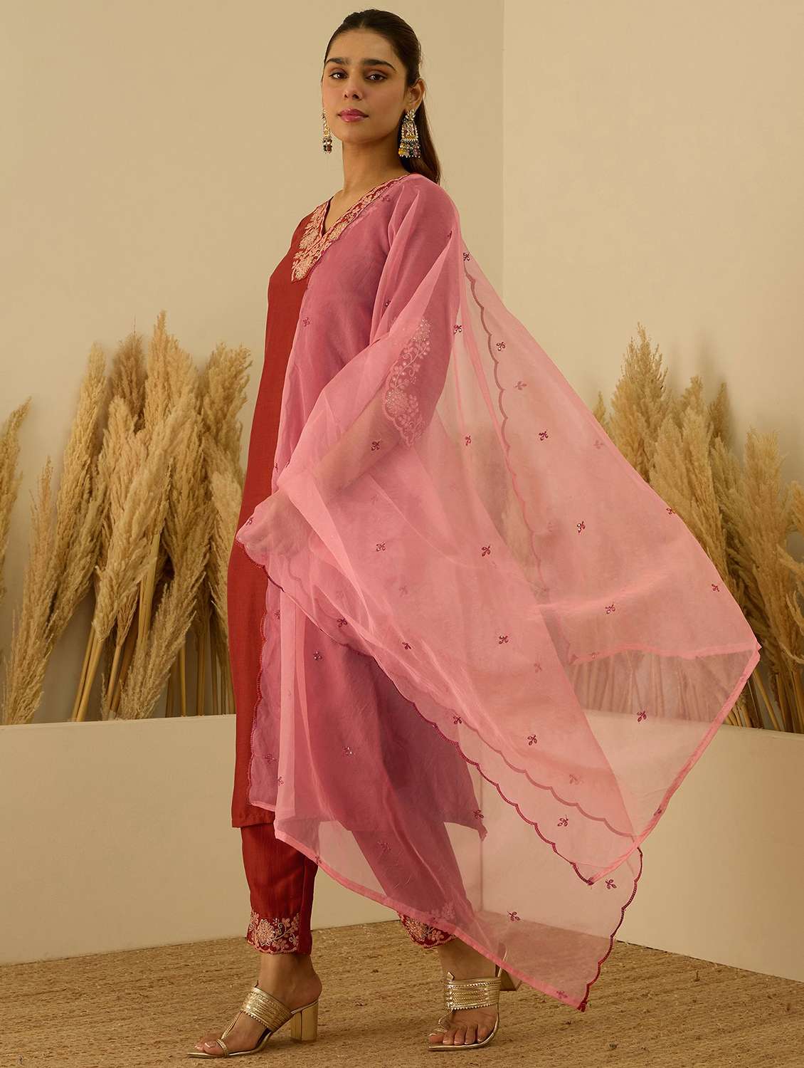 Women Solid With Work Three Quarter Sleeve Kurta Pant With Dupatta Set - 22322644 -  Standard Image - 1