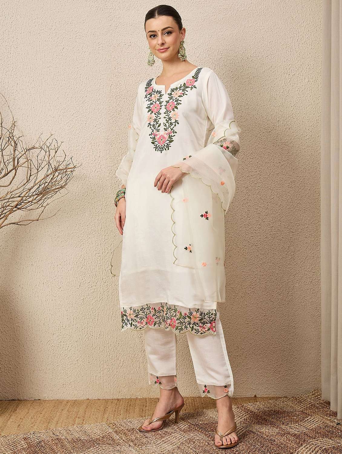 women solid with work three quarter sleeve kurta pant with dupatta set - 22322655 -  Standard Image - 1
