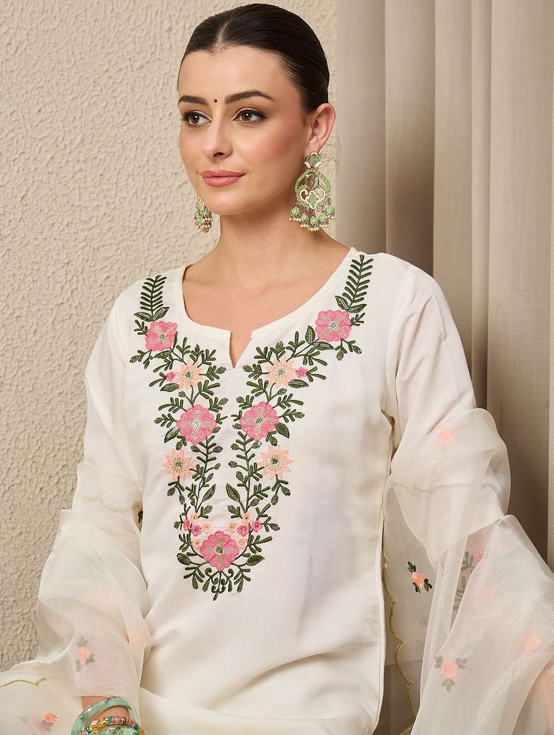 women solid with work three quarter sleeve kurta pant with dupatta set - 22322655 -  Standard Image - 4