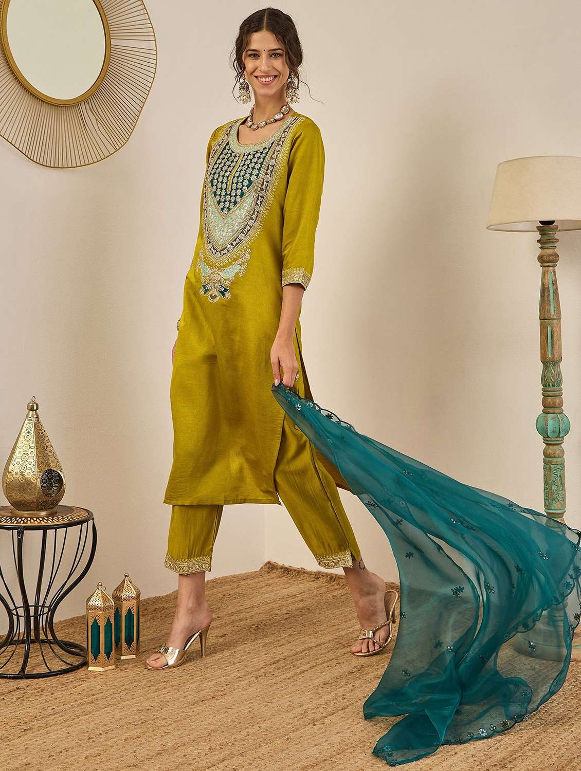 women solid with work three quarter sleeve kurta pant with dupatta set - 22322659 -  Standard Image - 1