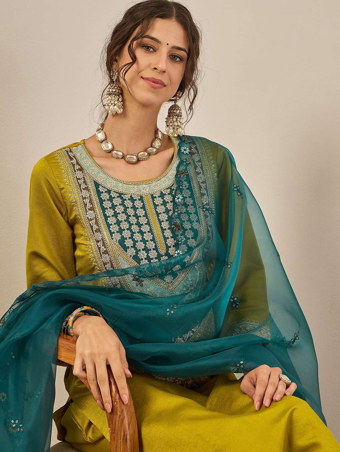 women solid with work three quarter sleeve kurta pant with dupatta set - 22322659 -  Standard Image - 4