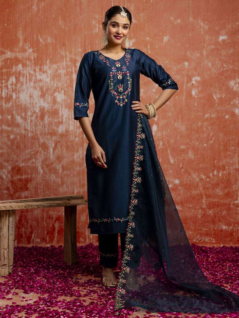 women solid with work three quarter sleeve kurta pant with dupatta set - 22322660 -  Standard Image - 1