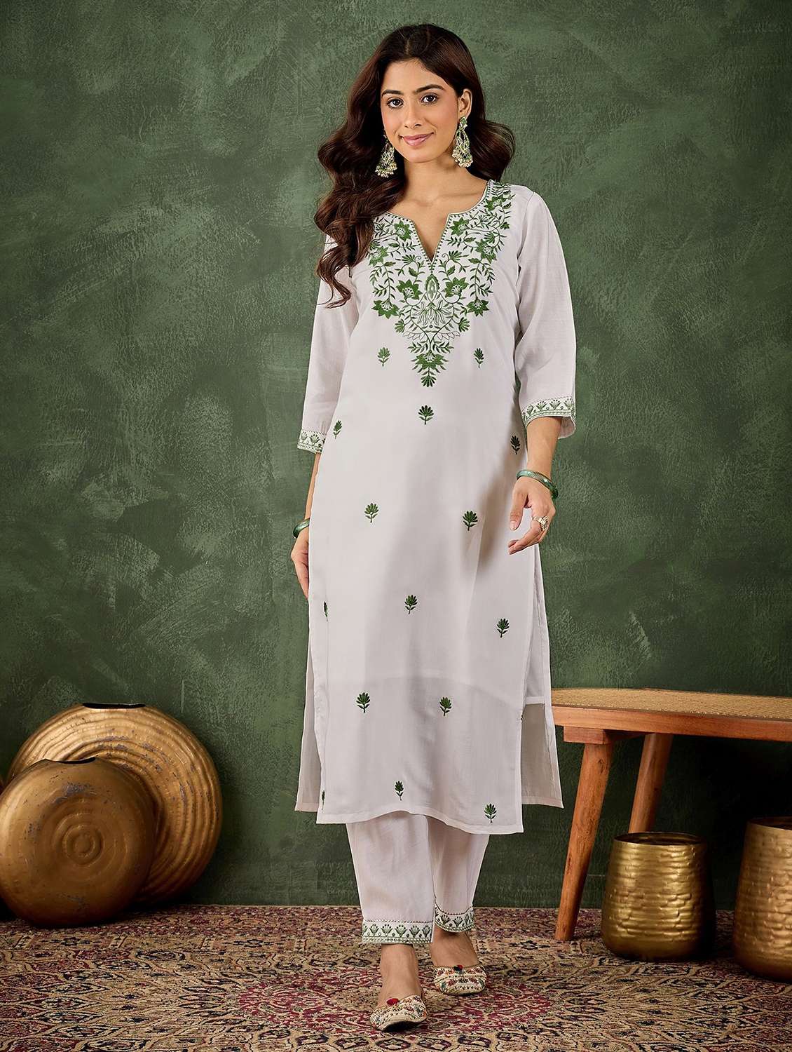 women solid with work three quarter sleeve kurta pant set - 22322667 -  Standard Image - 1