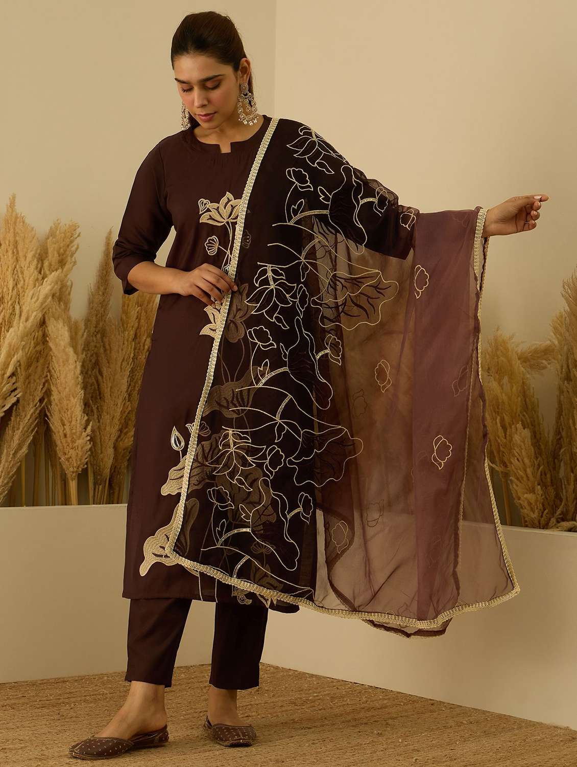 women solid with work three quarter sleeve kurta pant with dupatta set - 22322672 -  Standard Image - 1