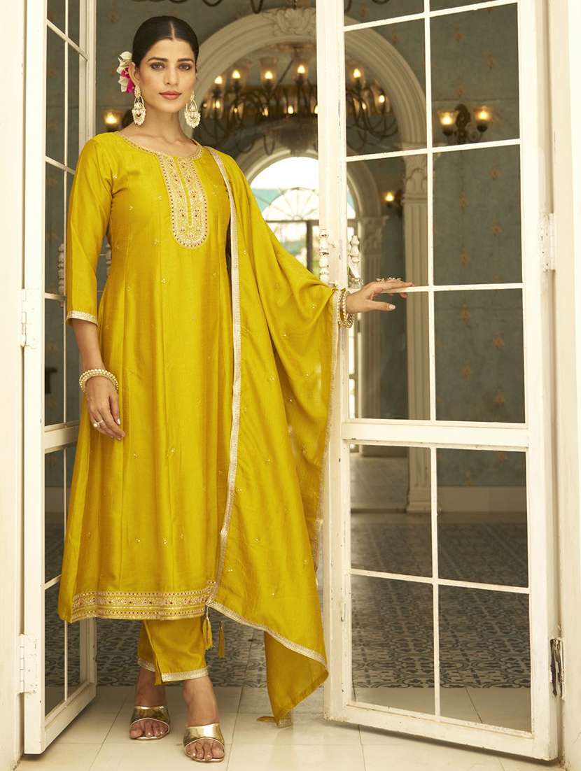 women solid with work three quarter sleeve kurta pant with dupatta set - 22322678 -  Standard Image - 1