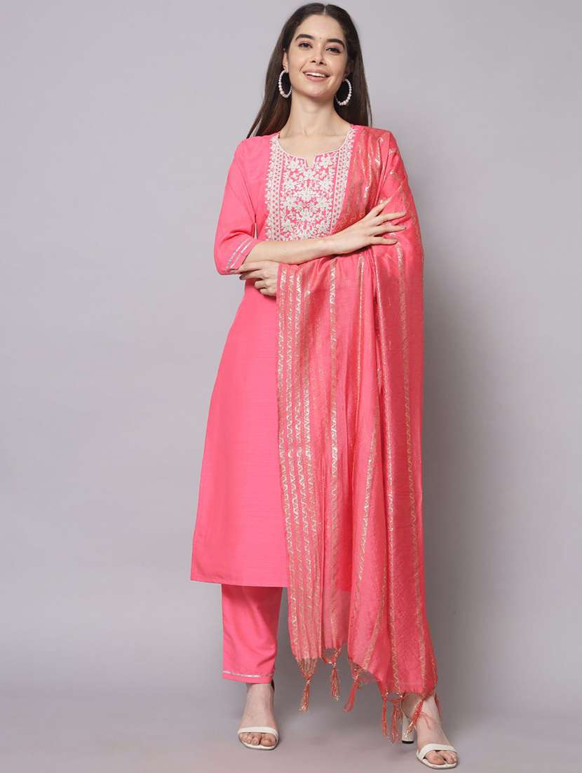 women solid with work three quarter sleeve kurta pant with dupatta set