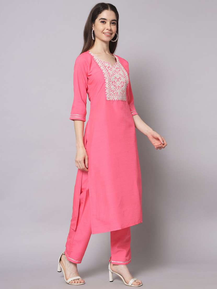 women solid with work three quarter sleeve kurta pant with dupatta set - 22322681 -  Standard Image - 1