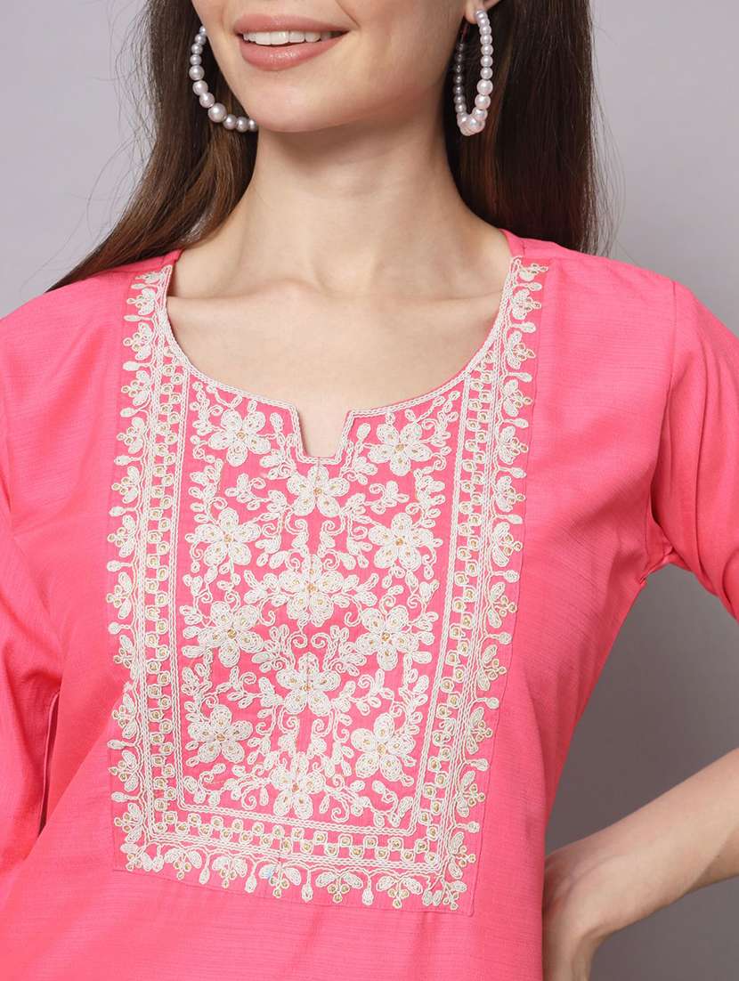 women solid with work three quarter sleeve kurta pant with dupatta set - 22322681 -  Standard Image - 4