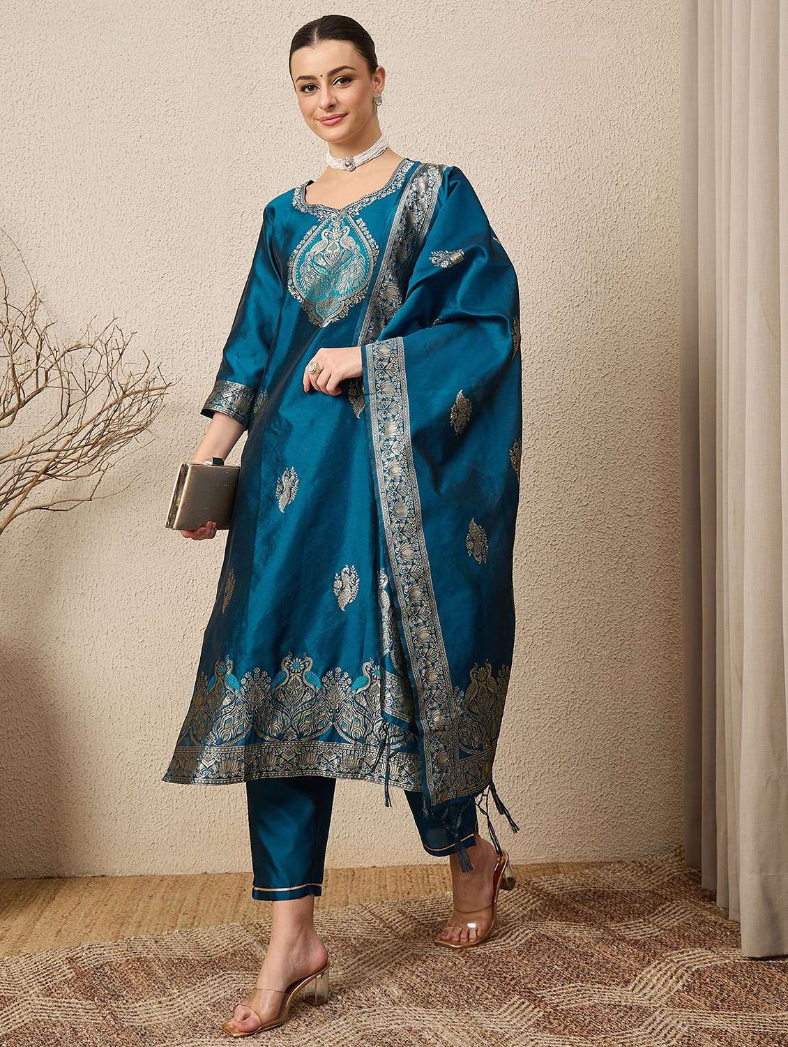 women self design three quarter sleeve kurta pant with dupatta set