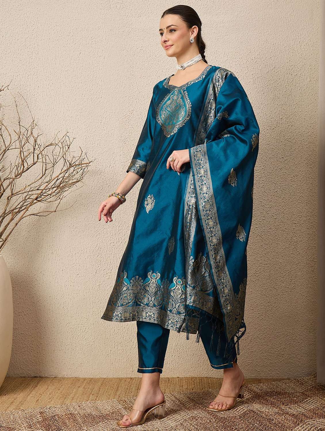 Women Self Design Three Quarter Sleeve Kurta Pant With Dupatta Set - 22322682 -  Standard Image - 1