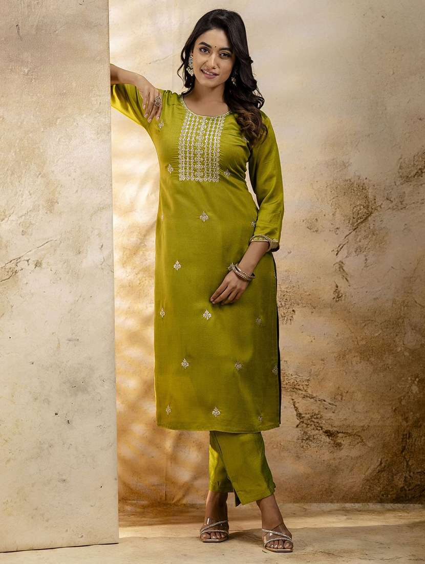 women solid with work three quarter sleeve kurta pant with dupatta set - 22322688 -  Standard Image - 1