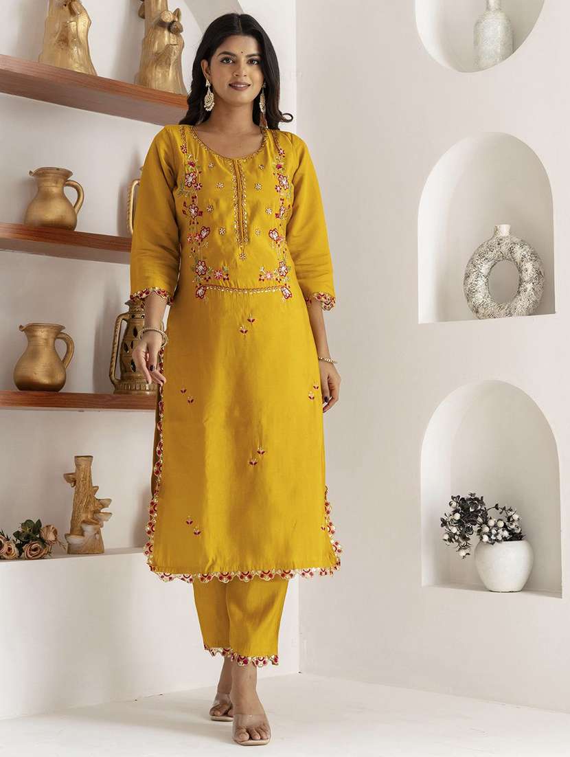 women solid with work three quarter sleeve kurta pant with dupatta set - 22322691 -  Standard Image - 1