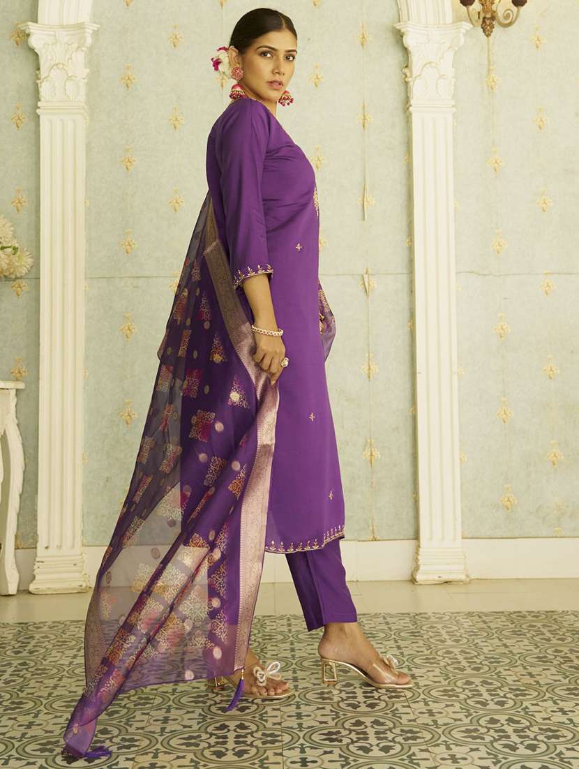 women solid with work three quarter sleeve kurta pant with dupatta set - 22322699 -  Standard Image - 1