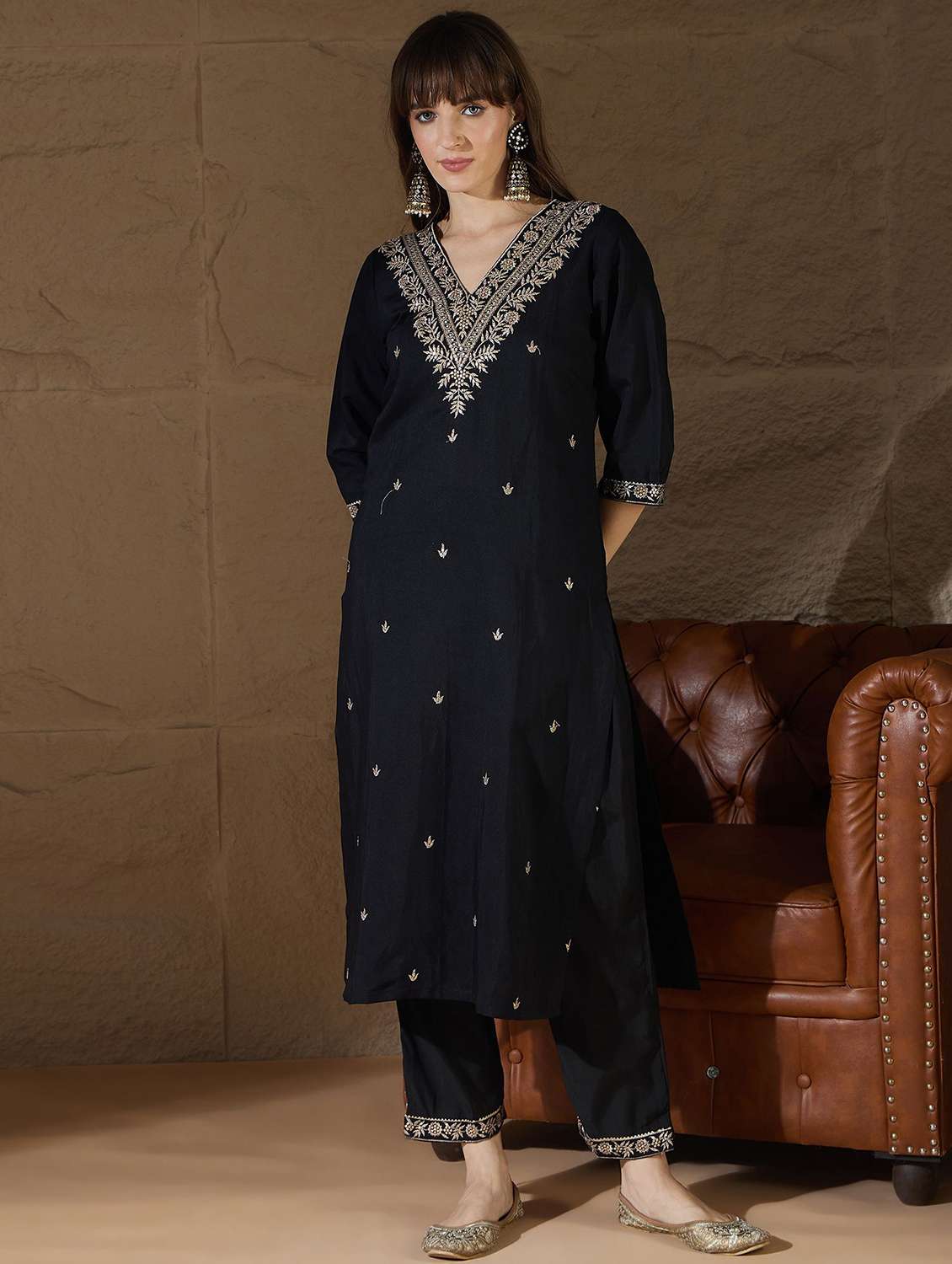 women solid with work three quarter sleeve kurta pant with dupatta set - 22322701 -  Standard Image - 1