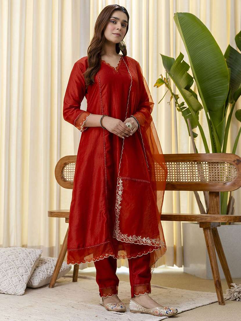 women solid with work three quarter sleeve kurta pant with dupatta set - 22322702 -  Standard Image - 1