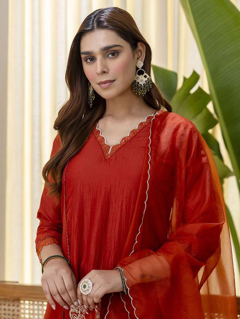 women solid with work three quarter sleeve kurta pant with dupatta set - 22322702 -  Standard Image - 4