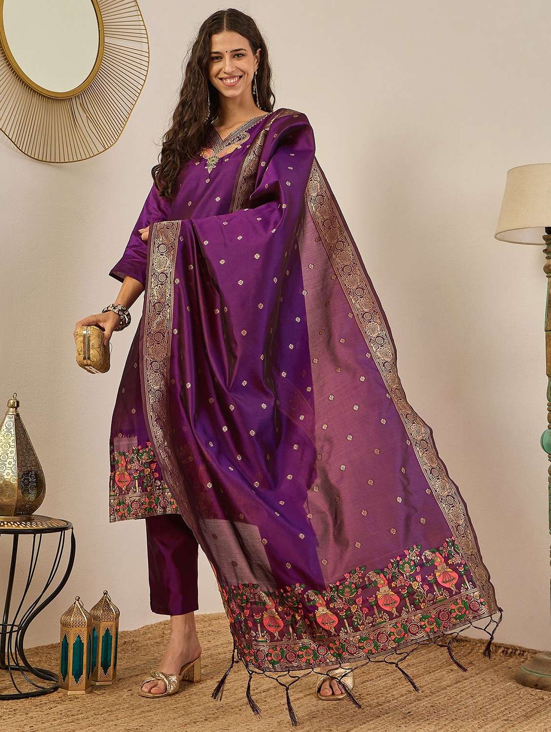 women self design three quarter sleeve kurta pant with dupatta set