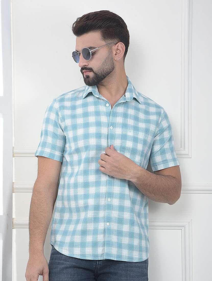 men checkered short sleeve slim fit casual shirt