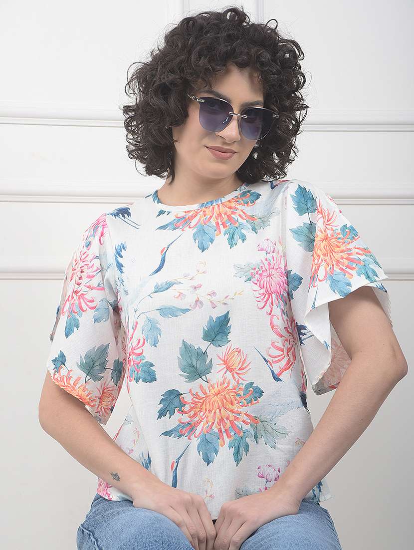 women floral printslit sleeve straight top