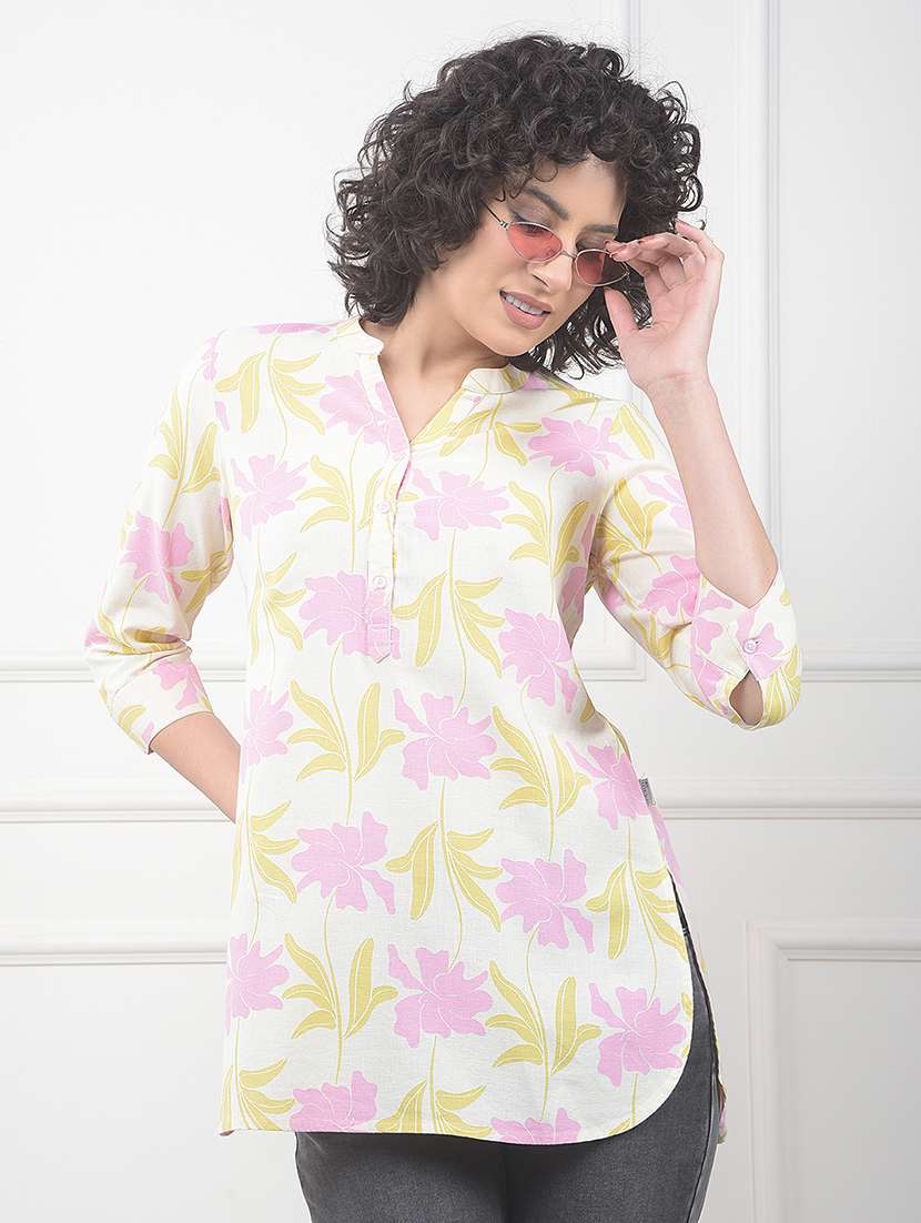 women floral print round neck high low tunic