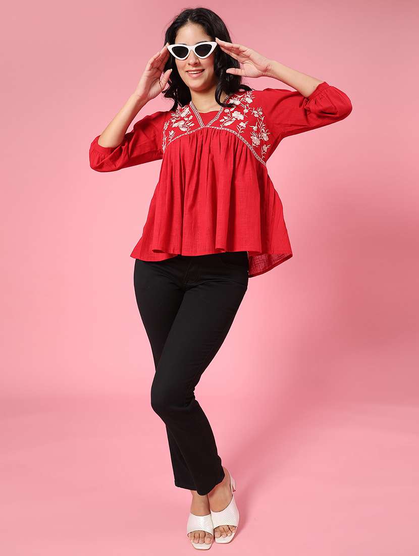 Women Solid With Work Puff Sleeve A-line Top - 22323616 -  Standard Image - 4