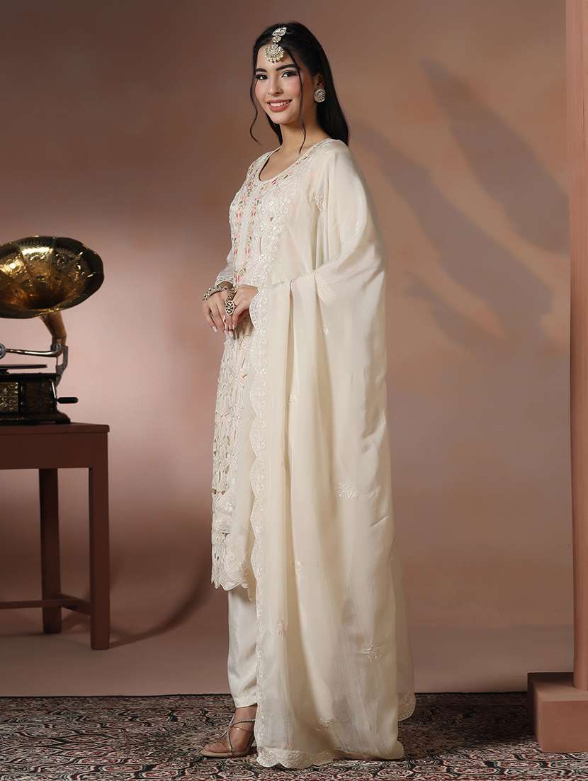 women solid with work three quarter sleeve kurta pant with dupatta set - 22324129 -  Standard Image - 1
