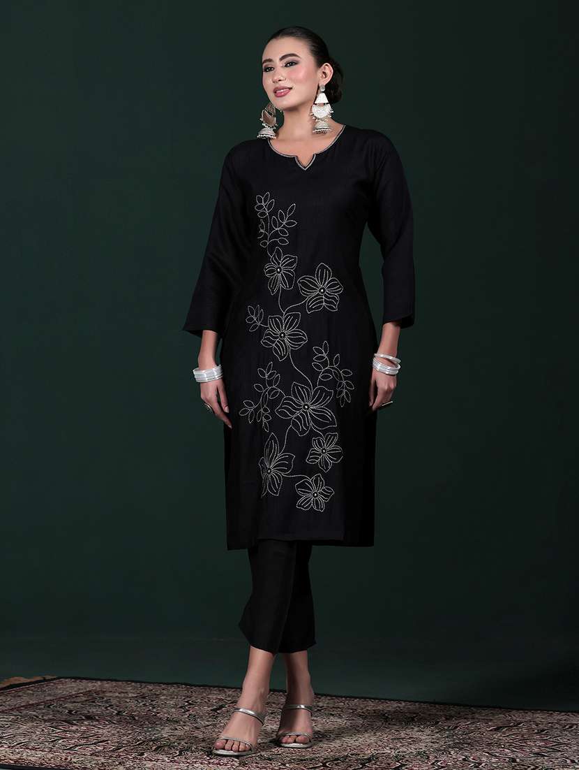 women solid with work three quarter sleeve kurta pant with dupatta set - 22324141 -  Standard Image - 1