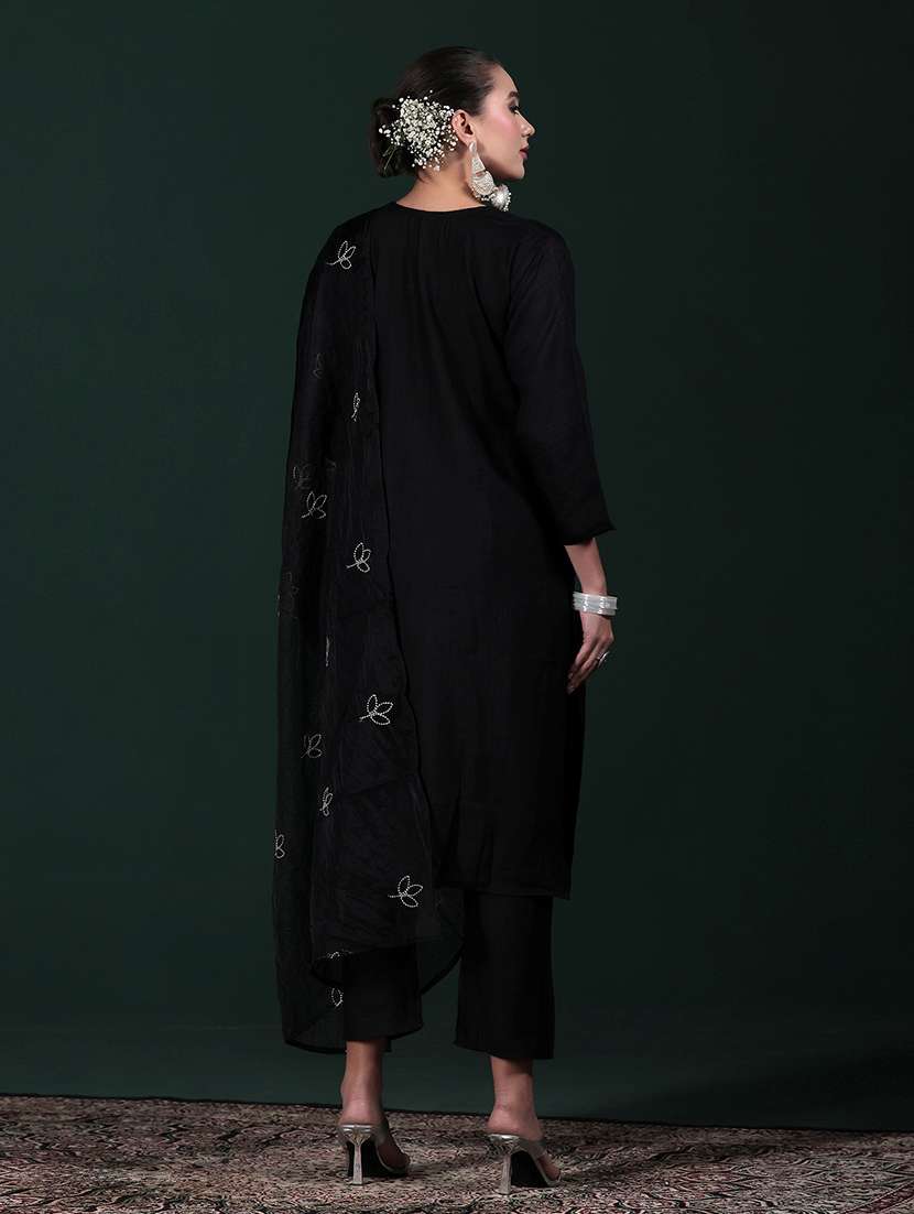 women solid with work three quarter sleeve kurta pant with dupatta set - 22324141 -  Standard Image - 4