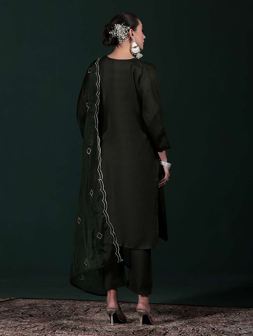 women solid with work three quarter sleeve kurta pant with dupatta set - 22324144 -  Standard Image - 4
