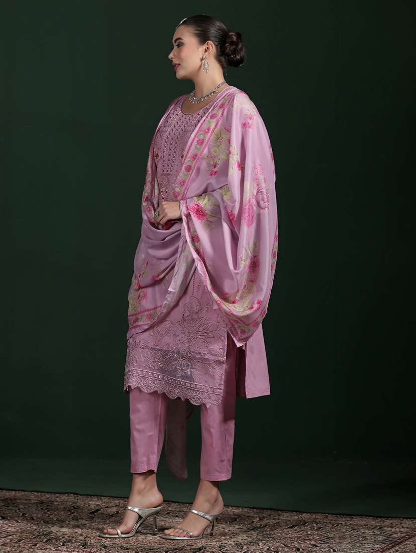 women solid with work three quarter sleeve kurta pant with dupatta set - 22324151 -  Standard Image - 1